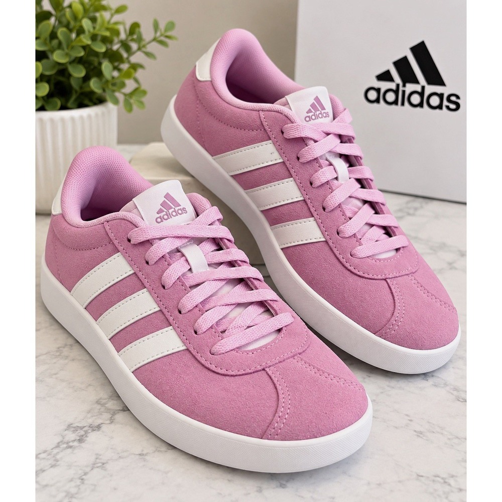 adidas VL Court Kids Pink White Suede Lace Up Low Top Sneakers US 3 ID3710